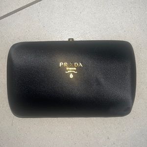 PRADA CLUTCH black satin with pink satin interior small 5 in wide in GOOD cond.